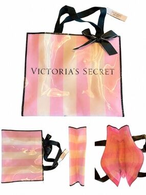 Vintage Victoria’s Secret Pink Stripe Vinyl Tote Purse Bow HTF